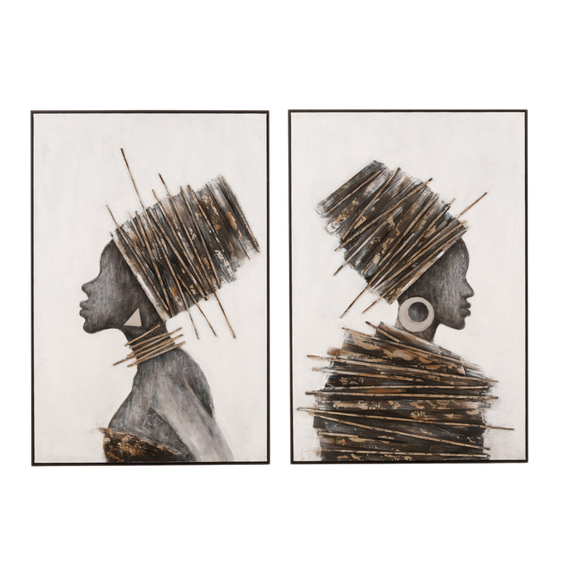 Schilderij Afrikaanse Vrouw Hout/Canvas Bruin/Grijs set van 2 - Schilderij - J-Line - livinglovely.nl