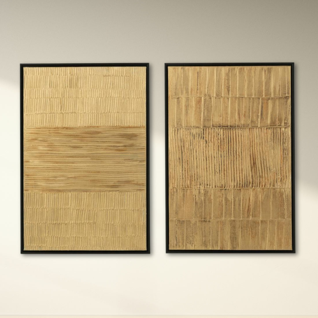 Schilderij Strepen Hout/Canvas Zwart/Goud Set Van Twee - Schilderij - J-Line - livinglovely.nl