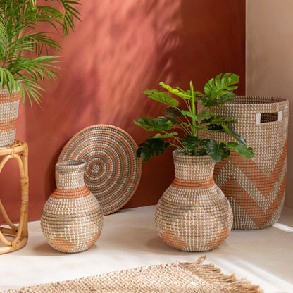 Set 3 Baskets Striped Seagrass Orange - - J-Line - livinglovely.nl