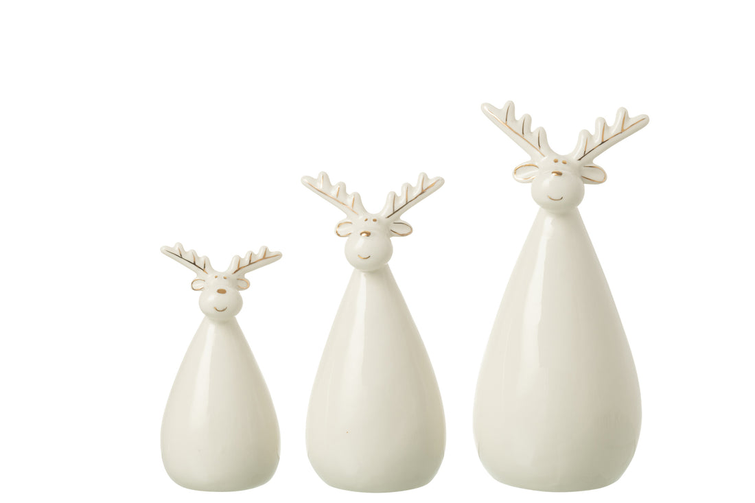 Set Of 3 Reindeer Oval Body Porcelain Ecru - - J-Line - livinglovely.nl