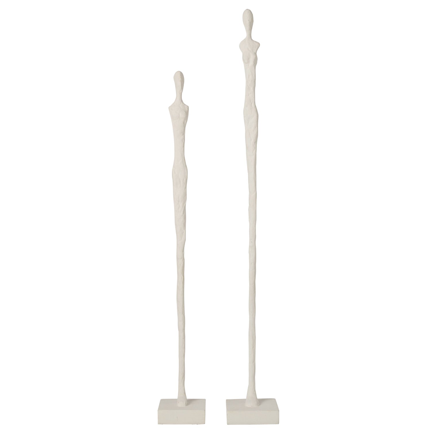Set Van 2 Abstracte Figuren Op Voet van J-Line, twee slanke witte polyresin figuren op houten voet, vooraanzicht