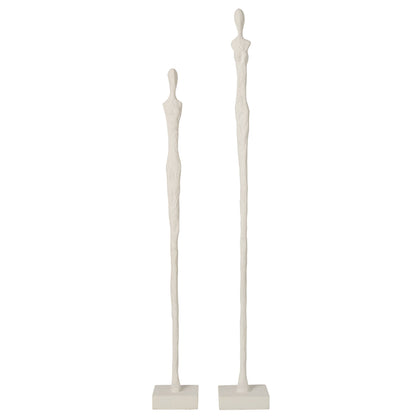 Set Van 2 Abstracte Figuren Op Voet van J-Line, twee slanke witte polyresin figuren op houten voet, vooraanzicht
