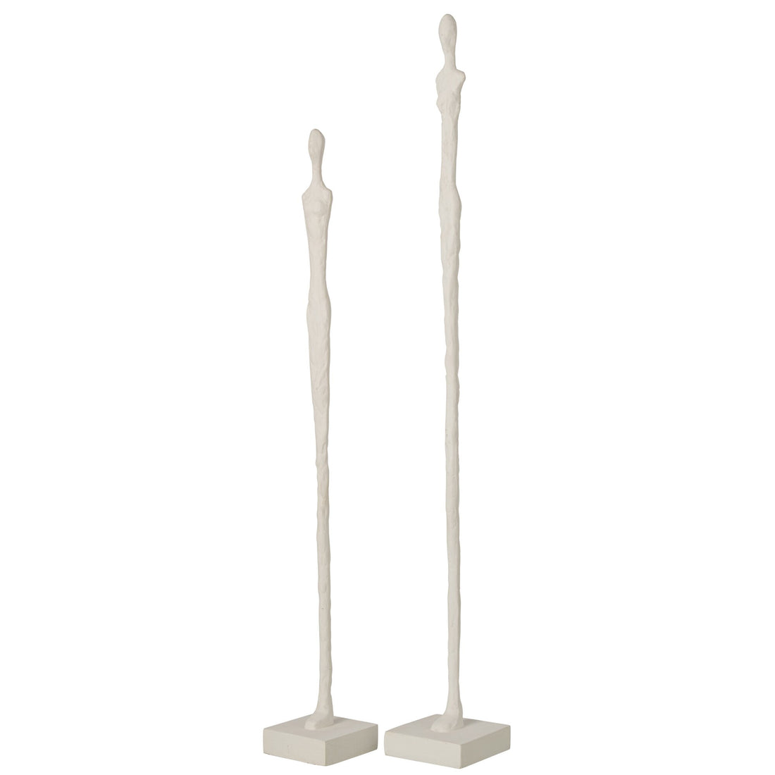 Set Van 2 Abstracte Figuren Op Voet van J-Line, langgerekte witte figuren met ruwe textuur, schuin aanzicht