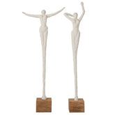 Set Van 2 Beelden Dame Op Voet van J-Line, twee slanke witte figuren van polyresin op een naturel sokkel van mangohout