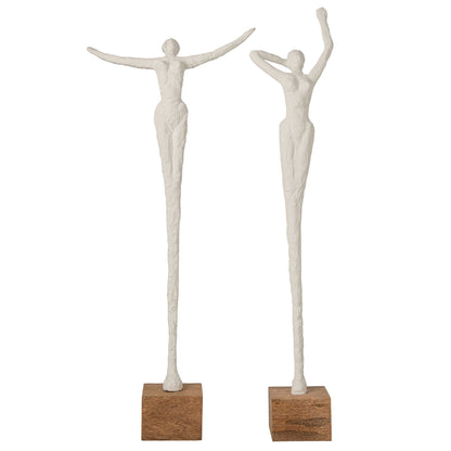 Set Van 2 Beelden Dame Op Voet van J-Line, twee slanke witte figuren van polyresin op een naturel sokkel van mangohout