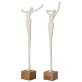 Beeld dame op voet van J-Line in wit polyresin, tweede pose met naturel houten sokkel