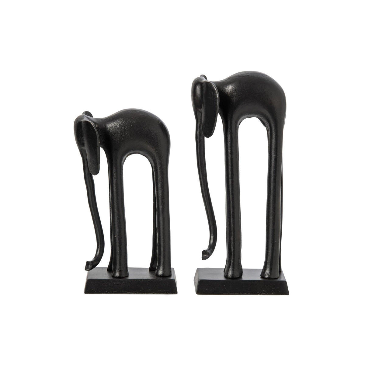 Set Van 2 Beelden Olifant van J-Line, zwarte aluminium olifanten met gebogen slurf, schuin aanzicht