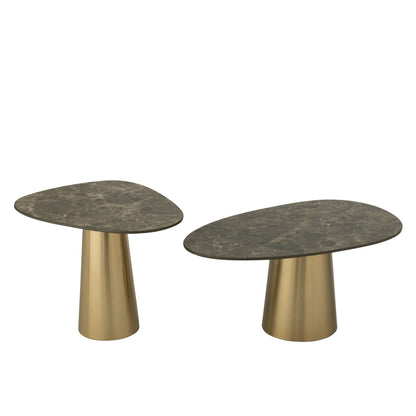 Set Van 2 Bijzettafel Marmerlook IJzer Brons/Taupe J-Line