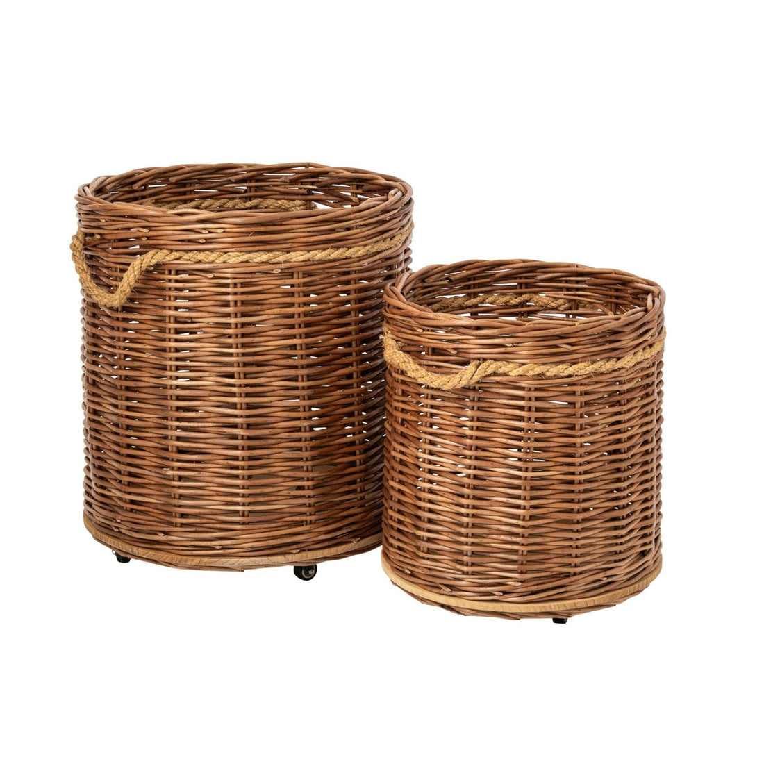 Set Van 2 Bloempot Op Wielen Rond Wicker Naturel/Roestbruin J-Line