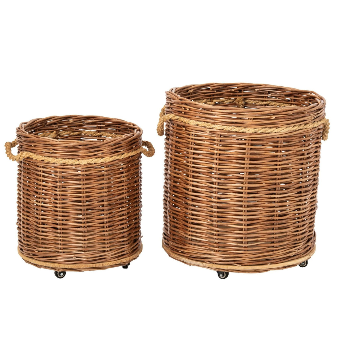 Set Van 2 Bloempot Op Wielen Rond Wicker Naturel/Roestbruin J-Line