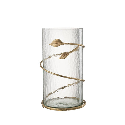 Glazen Windlicht met Gouden Bladeren uit de set van J-Line, 34 cm hoog