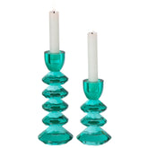 Set Van 2 Kandelaars Glas Turquoise van J-Line, twee glazen kandelaars in turquoise glas, 21cm hoog
