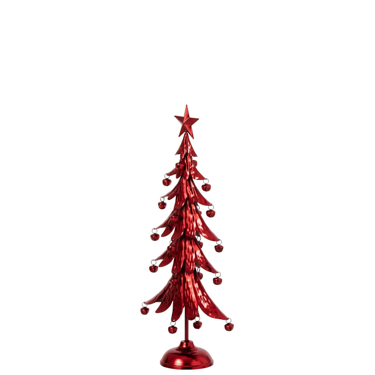 Rood kerstboompje van J-Line van dichtbij, gelaagde takken en hangende belletjes