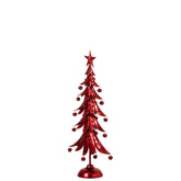 Rood kerstboompje van J-Line van dichtbij, gelaagde takken en hangende belletjes