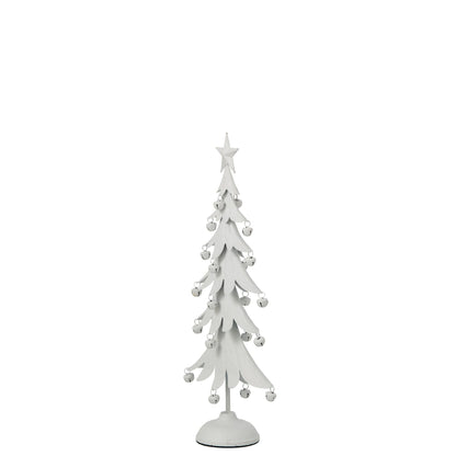 Wit kerstboompje van J-Line van dichtbij, gelaagde takken en hangende belletjes