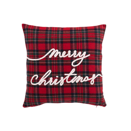 Kussen Merry Christmas uit de set van J-Line, geruit kussen van 45x45 cm met wit borduursel