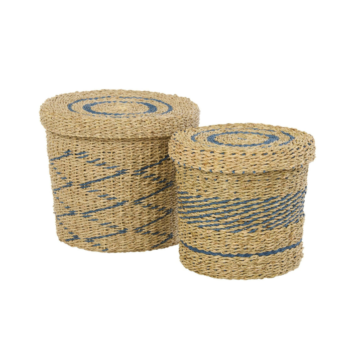 Set van 2 Mand + Deksel Gestreept Papier Naturel/Blauw J-Line