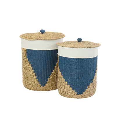 Set van 2 Mand + Deksel Papier Naturel/Blauw J-Line