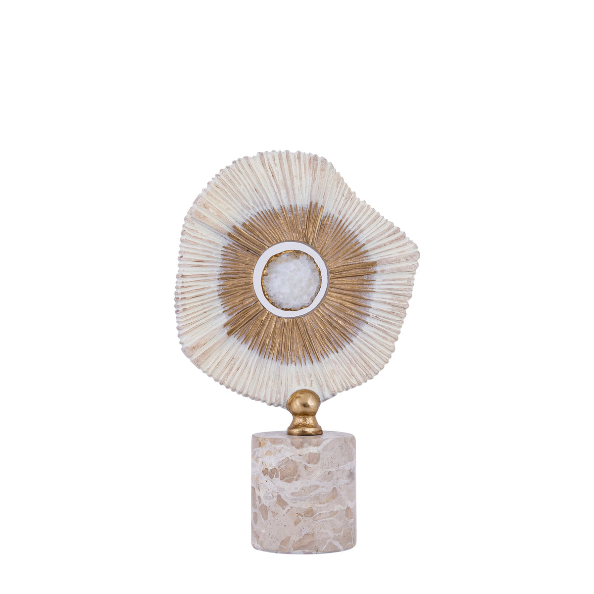 Set Van 2 Rella Beelden Beige Marmer van PTMD, het kleine beeld S met gouden bolletje op marmeren voet