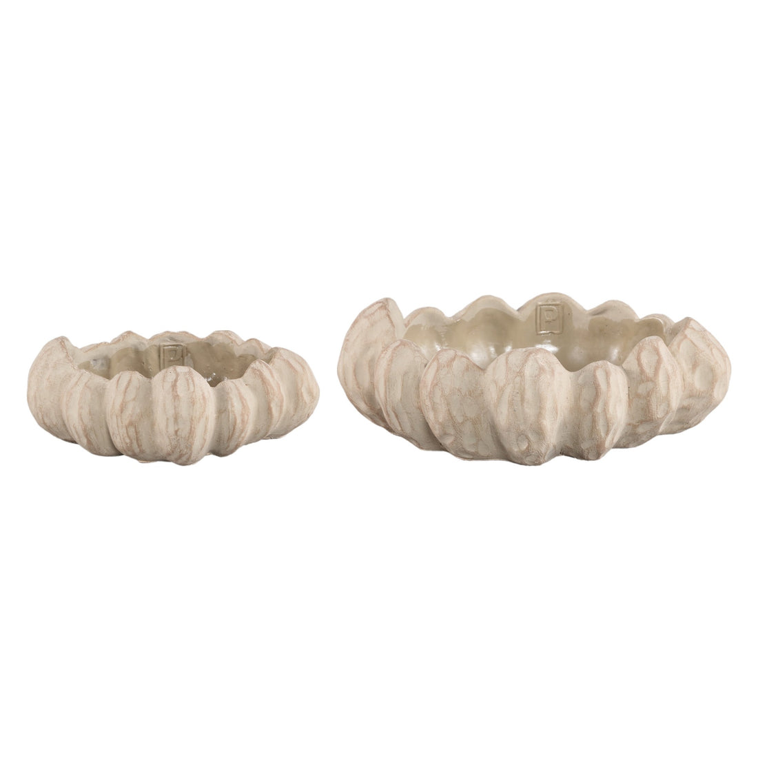 Set Van 2 Triena Schalen Cement Beige Pompoenvorm van PTMD, de complete set met beide schalen naast elkaar op witte achtergrond