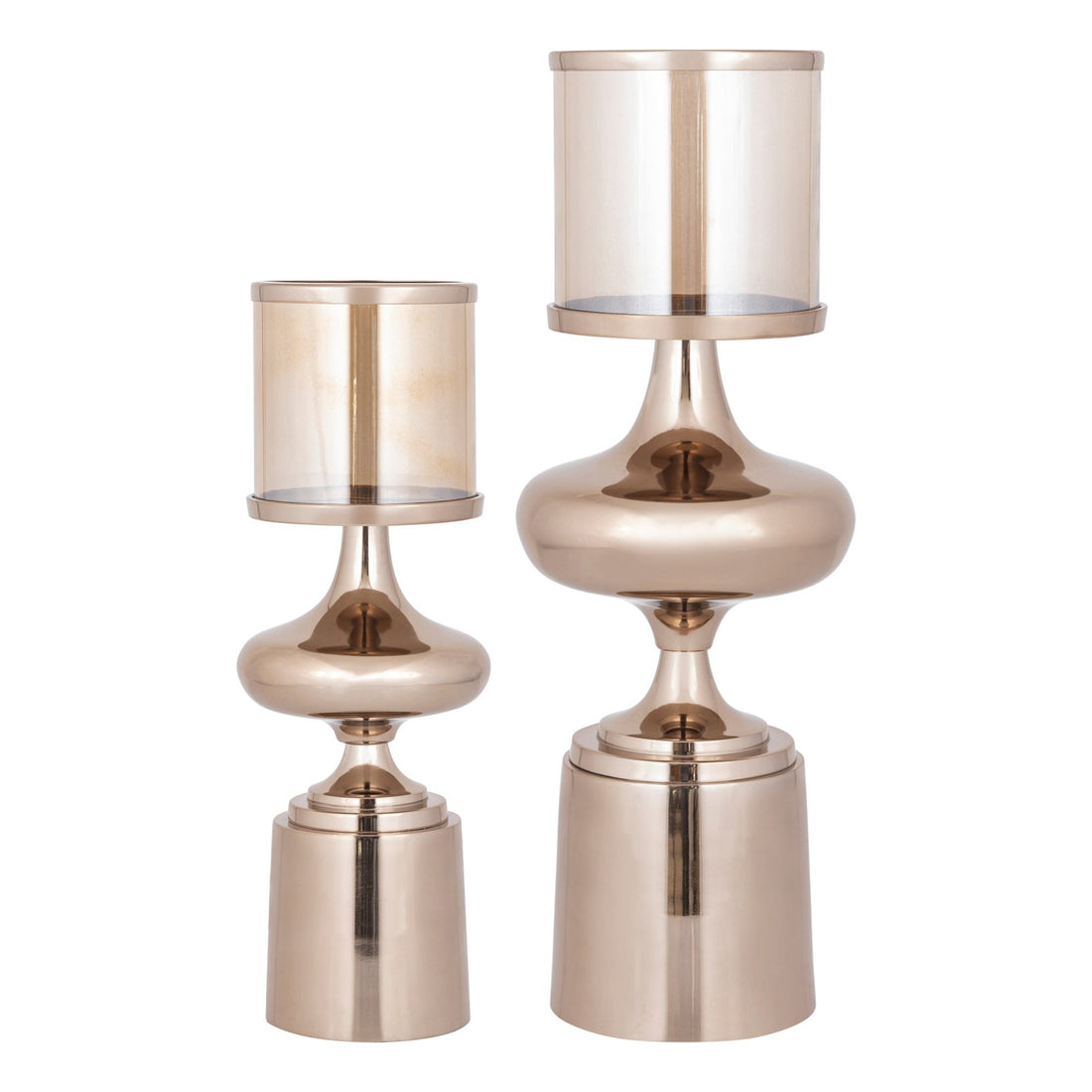 Set Van 2 Uvira Windlichten Amber Bruingoud van PTMD, beide windlichten naast elkaar op witte achtergrond