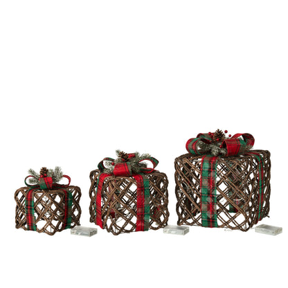 Decoratieve cadeaudozen met led van J-Line, donkerbruin textiel met kerstrode strik en dennenappels