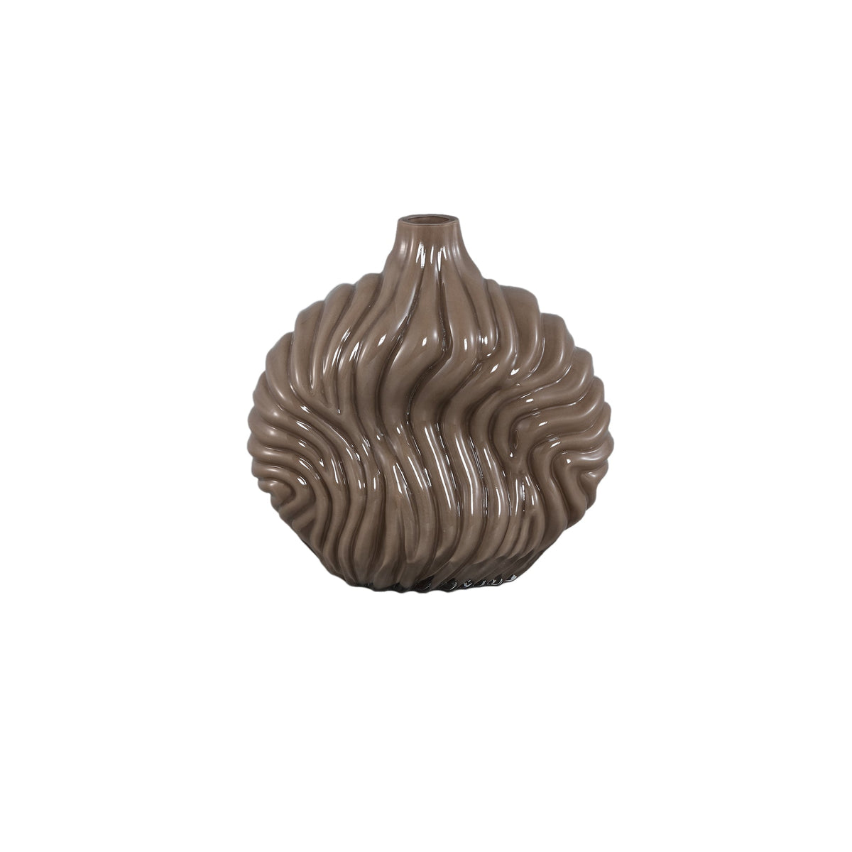 Set Van 3 Kelline Glazen Vazen Ribbel van PTMD, de taupe glazen vaas small op witte achtergrond