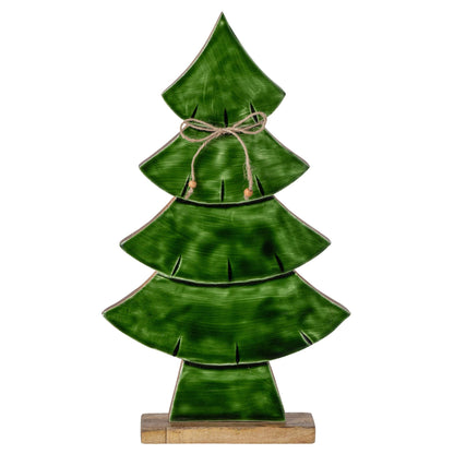 Kerstboom Met Strik Large van J-Line, donkergroen mangohout met jute strik, hoogte 46cm