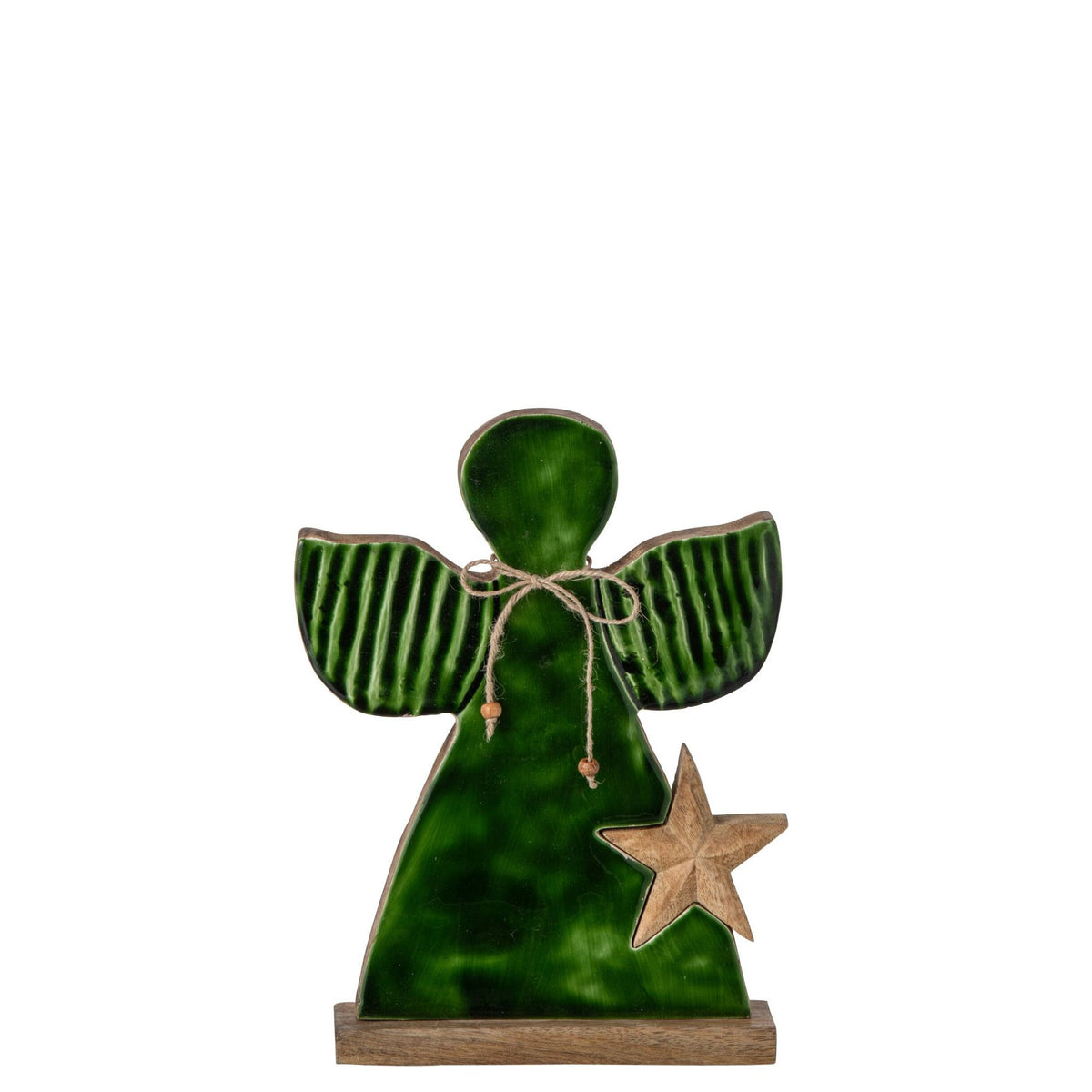 Kerstengel Met Ster Large van J-Line, donkergroene engel met geribbelde vleugels en houten ster, hoogte 31,5cm