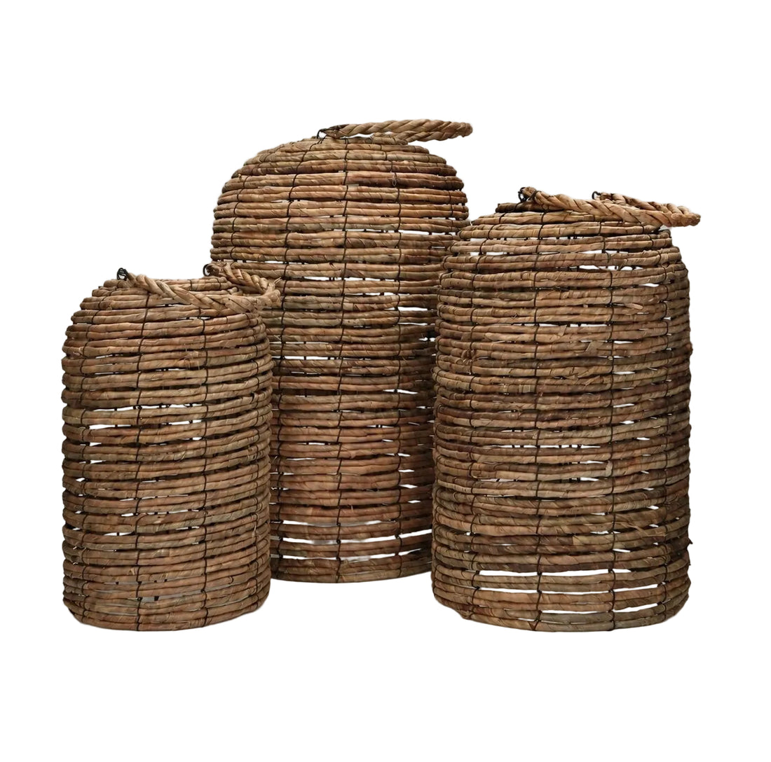 Set Van 3 Lantaarns Kela Bananenblad Naturel van Pomax, drie geweven lantaarns in oplopende formaten