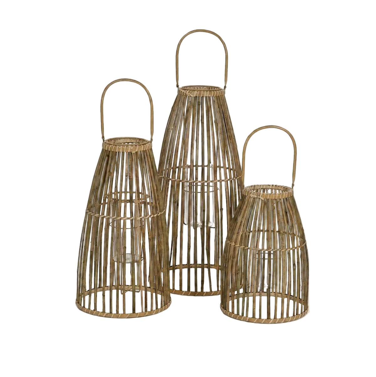 Set Van 3 Lantaarns Skagen Bamboe Naturel van Pomax, productfoto in naturel met de volledige vorm in beeld
