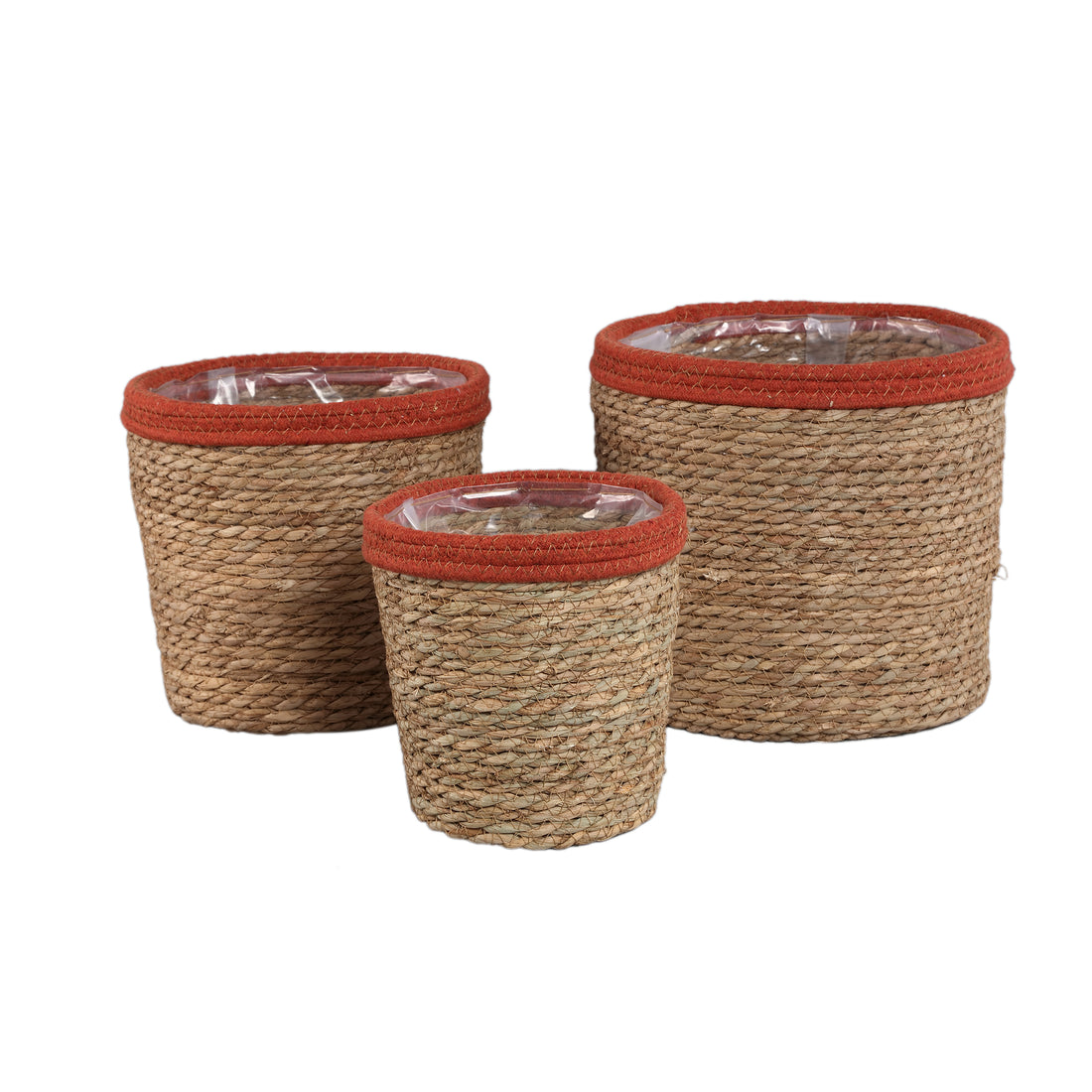 Set van drie rotan manden van PTMD met roestkleurige rand