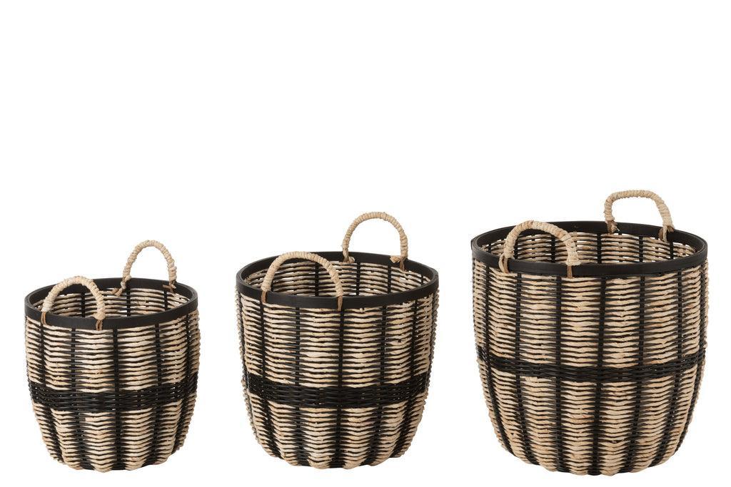 Set Van 3 Manden Touw/Rattan Zwart/Naturel - Mand - J-Line - livinglovely.nl