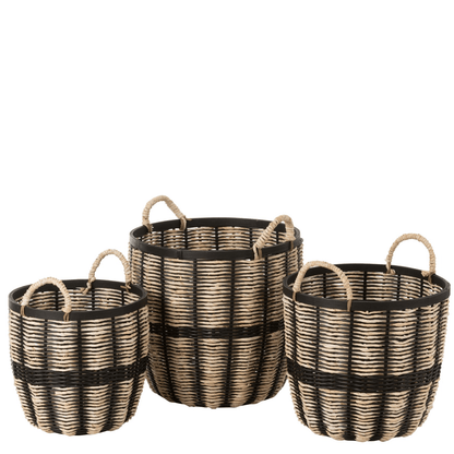 Set Van 3 Manden Touw/Rattan Zwart/Naturel - Mand - J-Line - livinglovely.nl