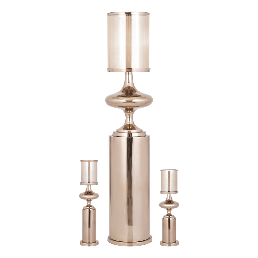 Set Van 3 Rodire Windlichten RVS Brons van PTMD, alle drie de windlichten naast elkaar op witte achtergrond