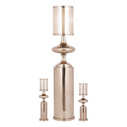 Set Van 3 Rodire Windlichten RVS Brons van PTMD, alle drie de windlichten naast elkaar op witte achtergrond