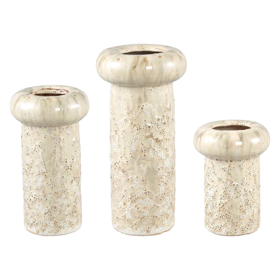 Set Van 3 Wang Potten Crème Keramiek van PTMD, de complete set met alle drie de potten naast elkaar op witte achtergrond