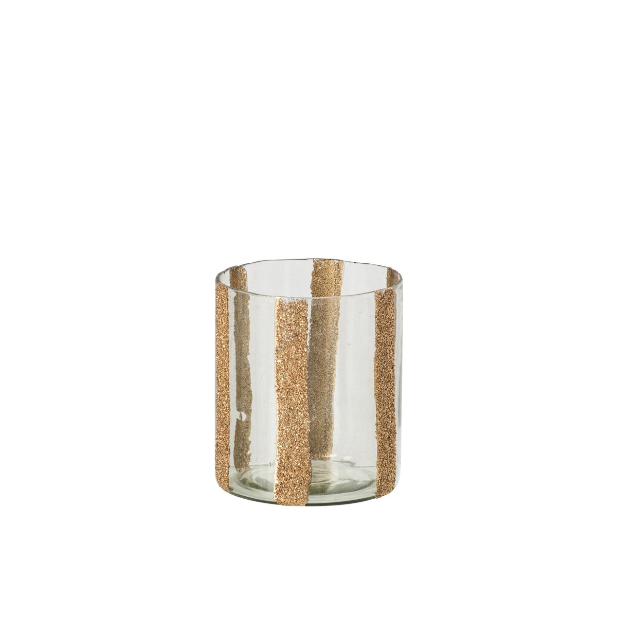 Windlicht Lea Cilinder Gestreept Glas Goud Medium van J-Line, onderdeel van de Set Van 3 Windlichten Lea Cilinder Gestreept Glas Goud, op witte achtergrond