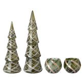 Set Van 4 Kerstdecoraties Geruit Glas van J-Line, beide glazen kerstbomen met de twee theelichthouders op witte achtergrond