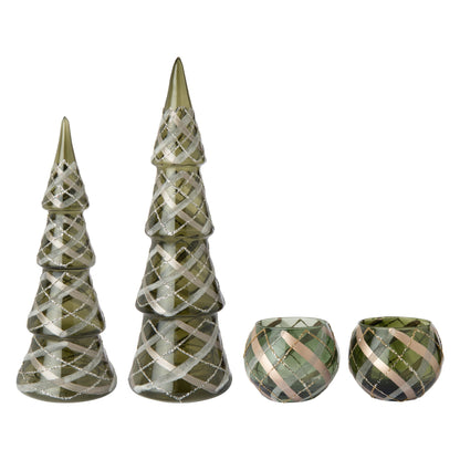 Set Van 4 Kerstdecoraties Geruit Glas van J-Line, beide glazen kerstbomen met de twee theelichthouders op witte achtergrond