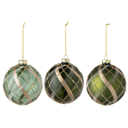 Doos Van 3 Kerstballen Large van J-Line, glazen ballen met groen gouden ruitmotief aan gouden lus, Ø10cm