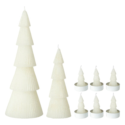 Set Van 8 Kerstboomkaarsen Gebroken Wit van J-Line, de complete set met beide kaarsen en de zes kaarsjes