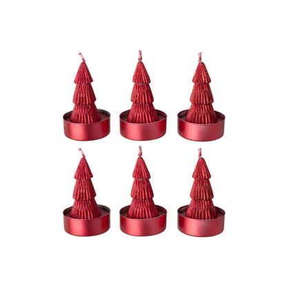 Doos Van 6 Kerstboomkaarsen van J-Line, zes rode mini boompjes in aluminium cupjes