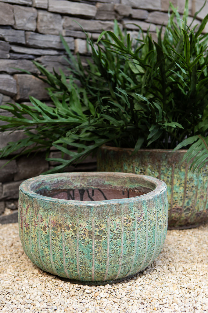 Siantelle Green Round Ceramic Pot With Lines Set van 3 PTMD - Pot - PTMD - livinglovely.nl