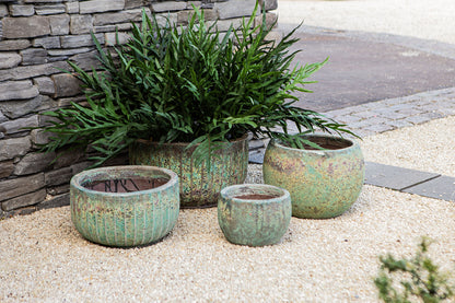 Siantelle Green Round Ceramic Pot With Lines Set van 3 PTMD - Pot - PTMD - livinglovely.nl