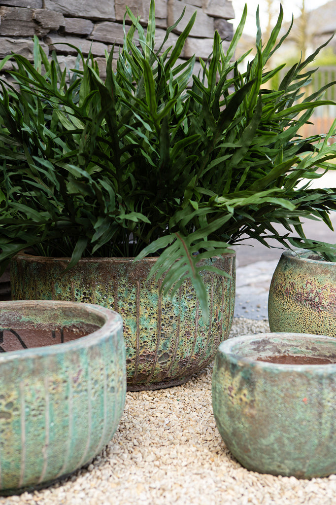 Siantelle Green Round Ceramic Pot With Lines Set van 3 PTMD - Pot - PTMD - livinglovely.nl