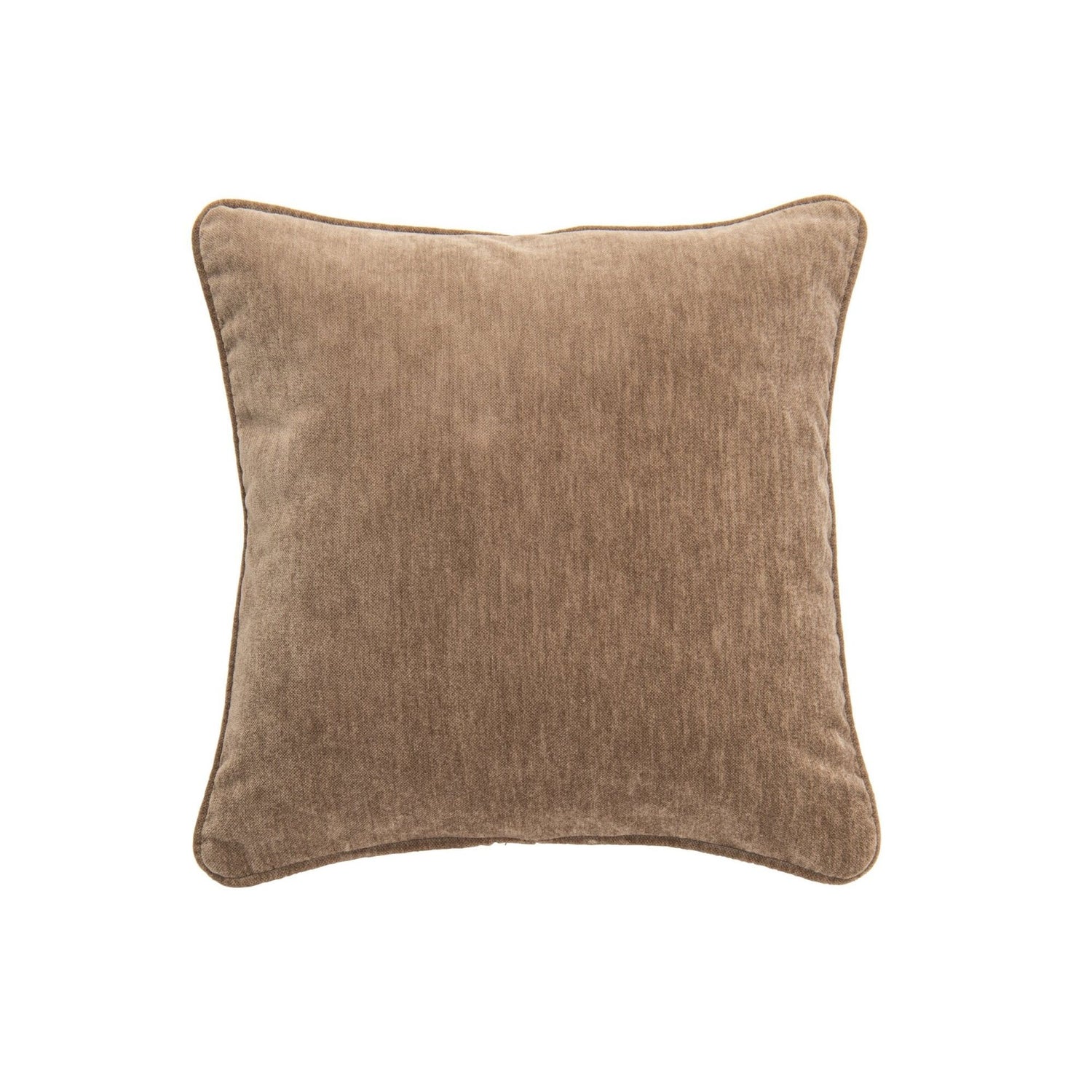 Sierkussen van J-Line in taupe fluweelachtige stof, vierkant kussen van 50 bij 50 cm met bies langs de rand