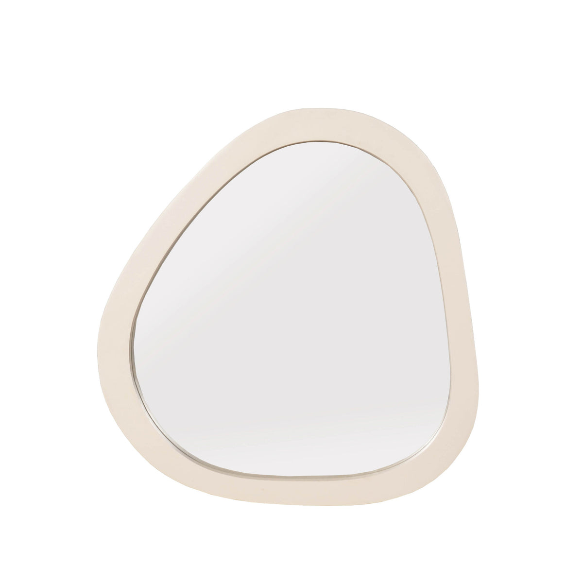 Spiegel Lou Organisch Zand 45x43cm van Starfurn, vooraanzicht van de organische spiegel met zandkleurige mangohouten lijst