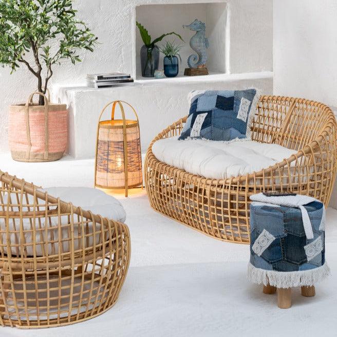 Stoel Lise + Kussen 1 Persoon Rotan/Textiel Naturel/Wit J-Line - Fauteuil - J-Line - livinglovely.nl