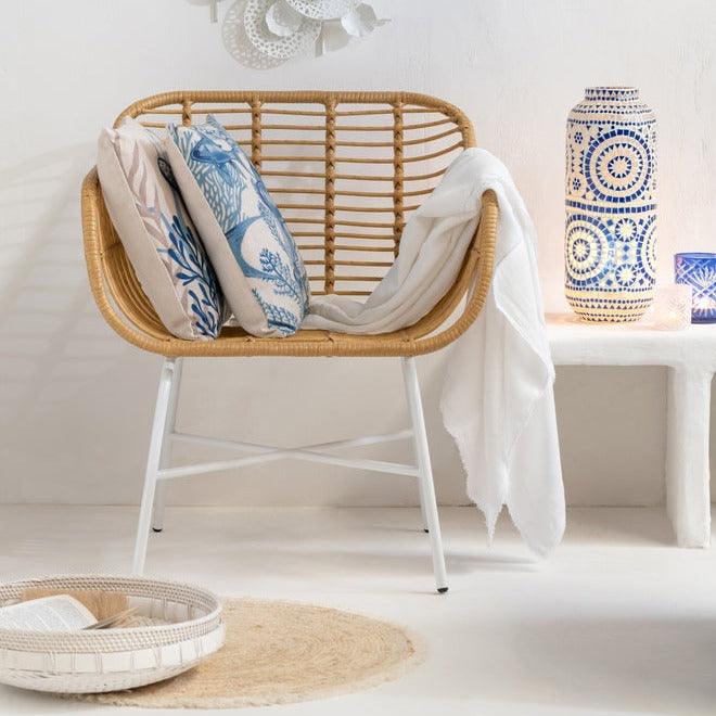 Stoel Rachelle Buiten Metaal/Rattan Naturel/Wit - Terrasstoel - J-Line - livinglovely.nl